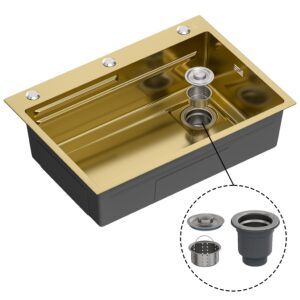 Fregadero de cocina , con sifon ,para encimera de acero inox color dorado , 680x480x210mm